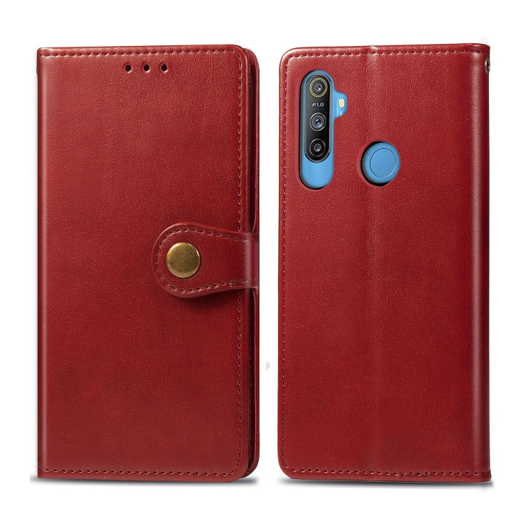 Red folio leather phone case with card slot, magnetic strap, and camera cutout