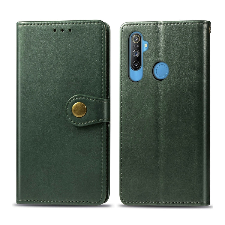 Green folio leather phone case with card slot, magnetic strap, and camera cutout