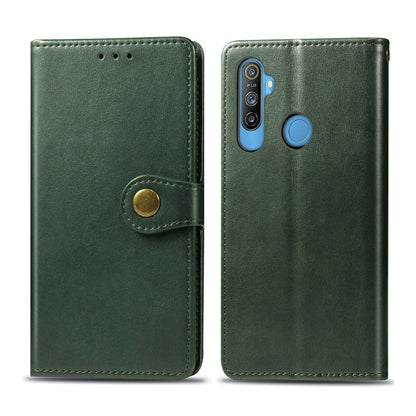 Green folio leather phone case with card slot, magnetic strap, and camera cutout