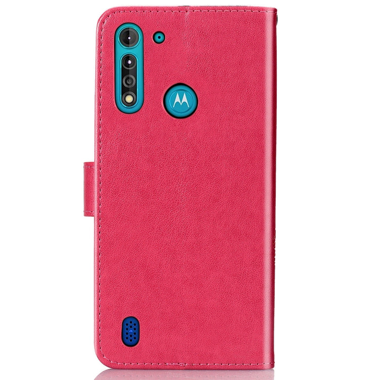 Rose leather phone wallet case back view with camera cutouts and embossed logo