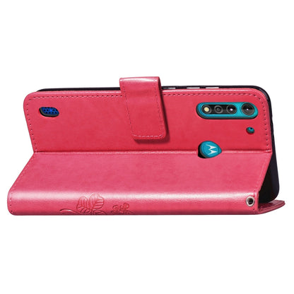 Rose leather phone wallet case side view with strap loop and camera opening
