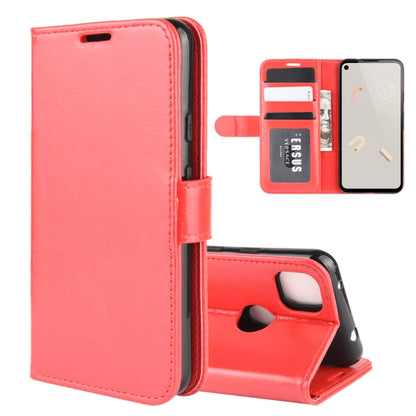 Red textured flip wallet case with card slots, phone holder, and stand