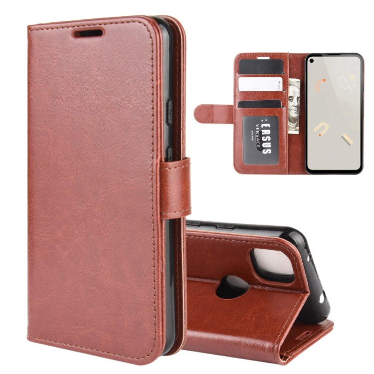 Brown leather-style flip wallet case with card slots, phone holder, and stand