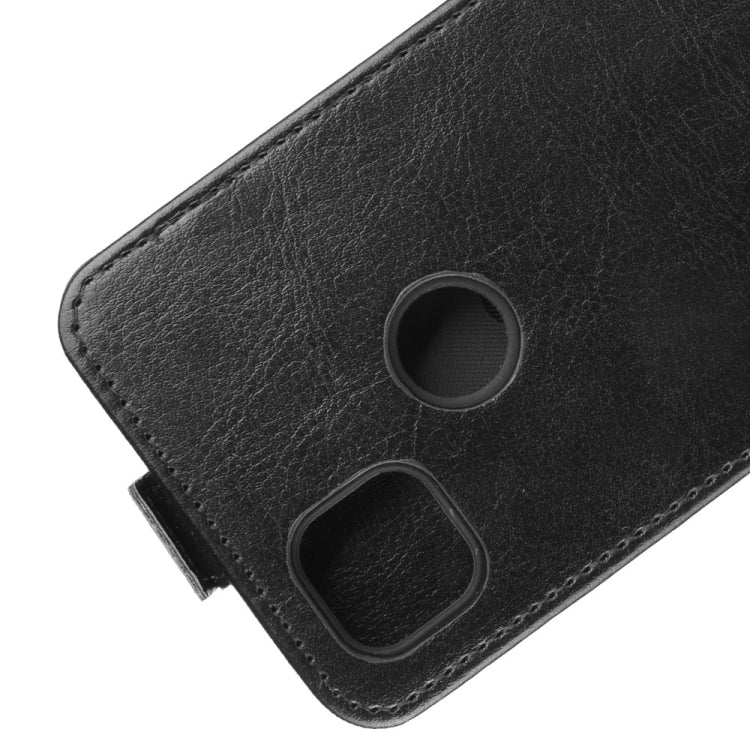 Black leather flip case close-up with circular camera opening and smooth textured finish