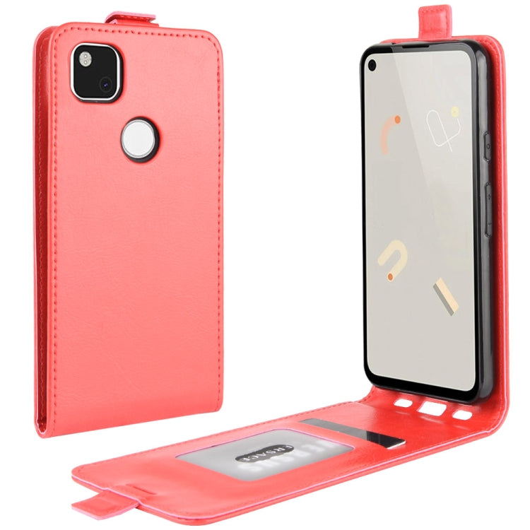 Red leather wallet flip phone case with card holder and open photo-view window for Pixel 4a