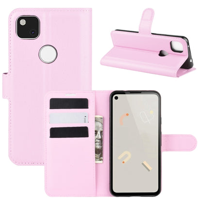 Flip wallet protective case for Google Pixel 4a, pink litchi texture, card slots and stand