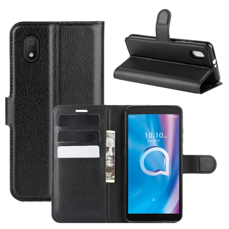 Black litchi-texture flip phone case with wallet card slots and kickstand holder