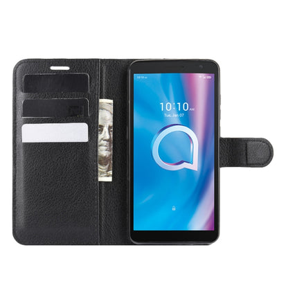 Black litchi-texture flip phone case with card slots and front cover open