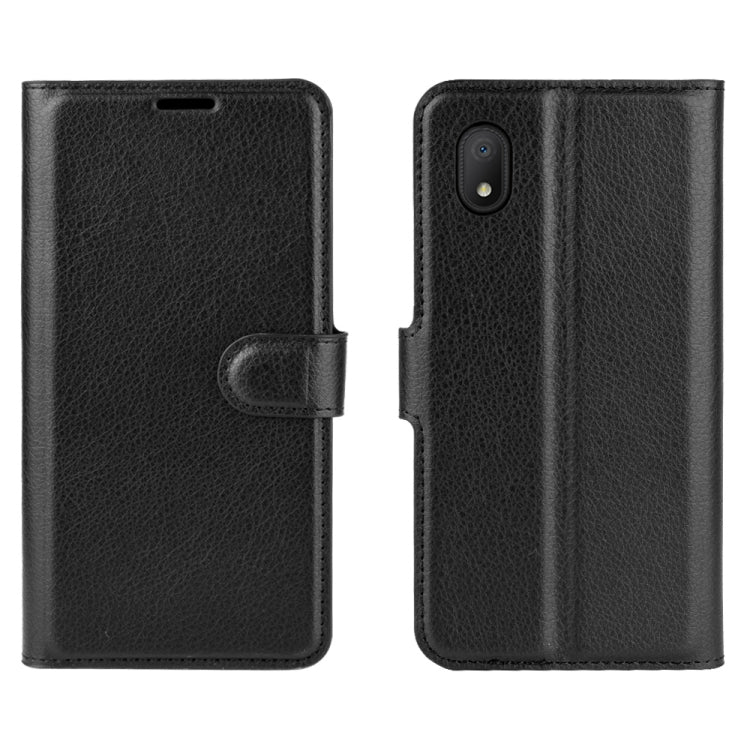 Black litchi-texture flip phone case front and back views with card holder