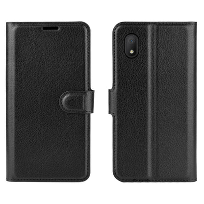 Black litchi-texture flip phone case front and back views with card holder