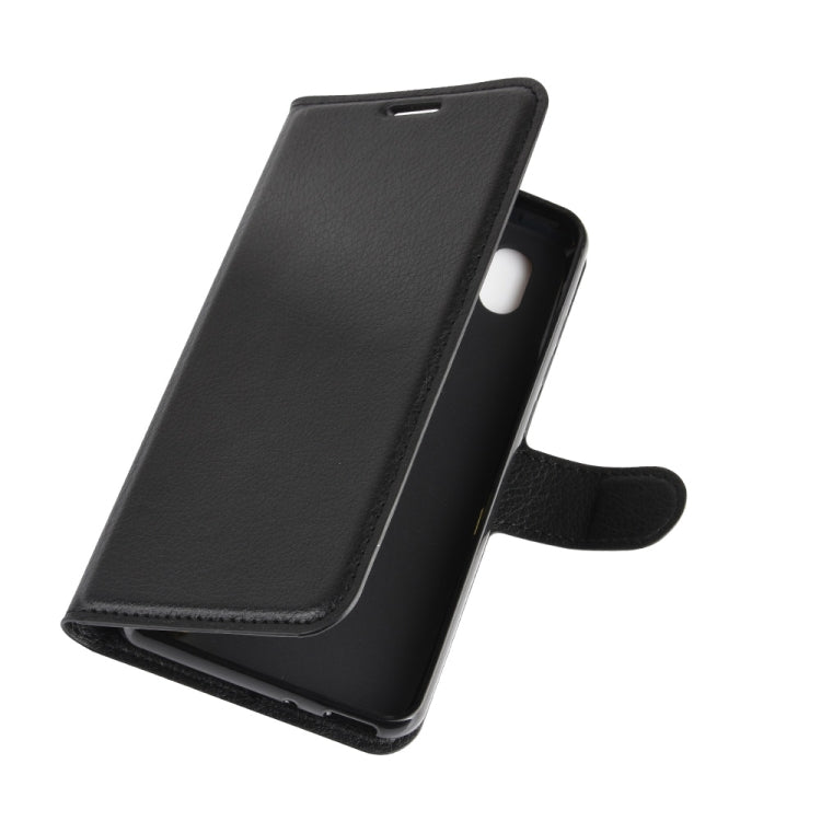 Black litchi-texture flip phone case with side strap and open viewing cutout