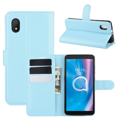 Light blue flip phone wallet case with card slots and fold-out stand