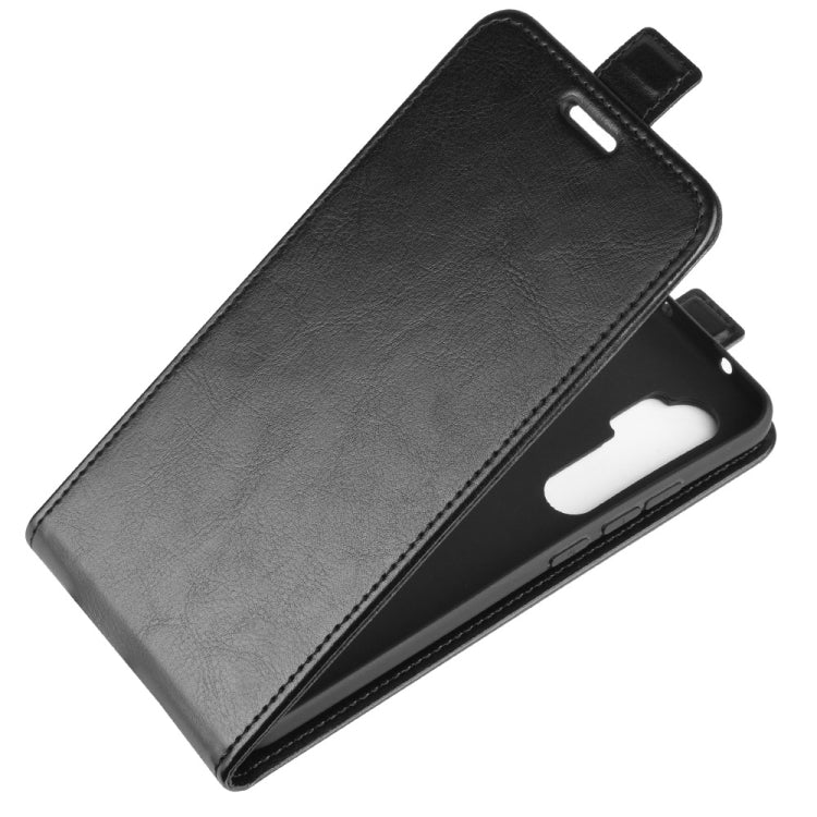 Black leather flip phone case with vertical card slots and fold-over cover