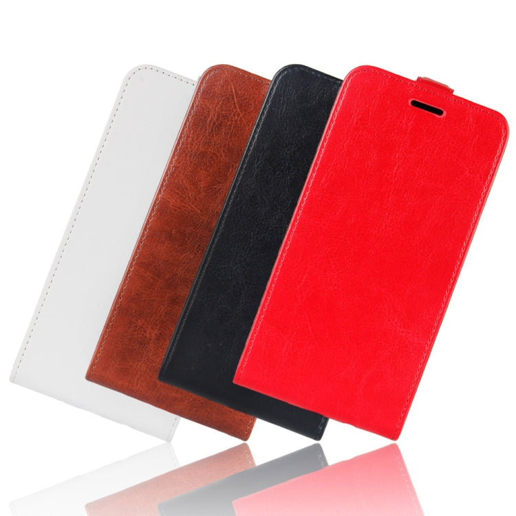 Leather flip phone cases in white, brown, black, and red with card slot openings