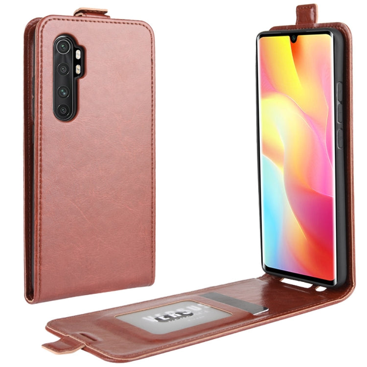 Brown leather flip phone case with card slot and photo window, vertical flip design
