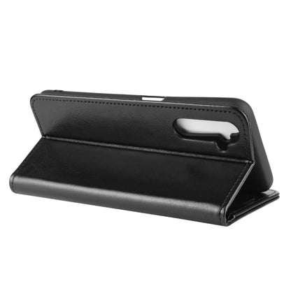 Black flip wallet phone case folded as a stand with viewing window
