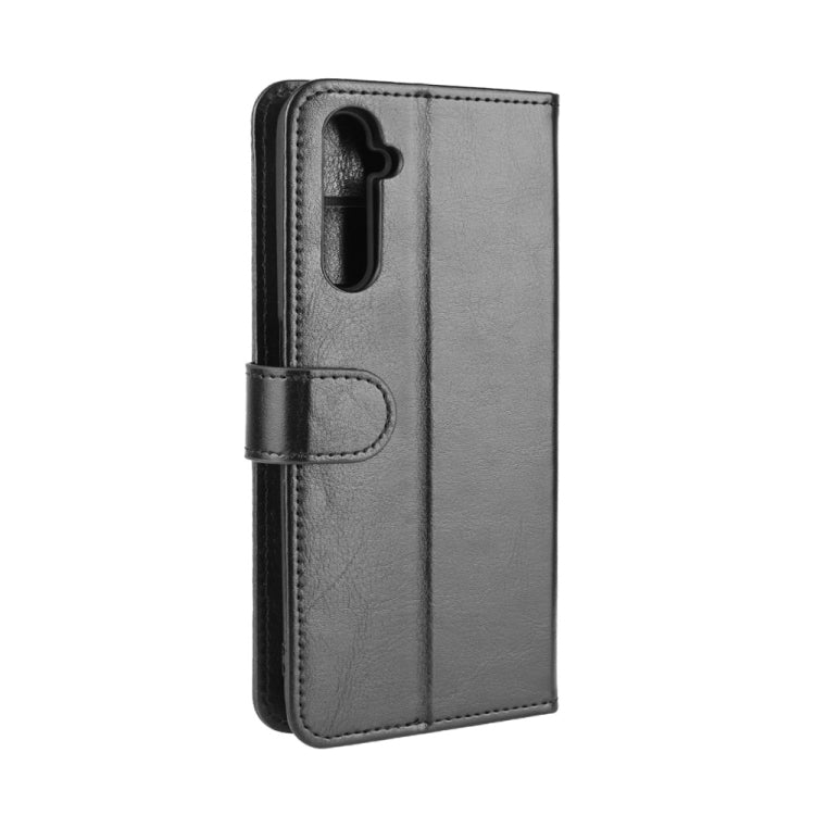 Black leather-look phone case with camera cutout and vertical side fold design
