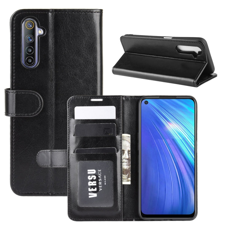 Black flip wallet phone case showing back camera cutout, card holder, and stand