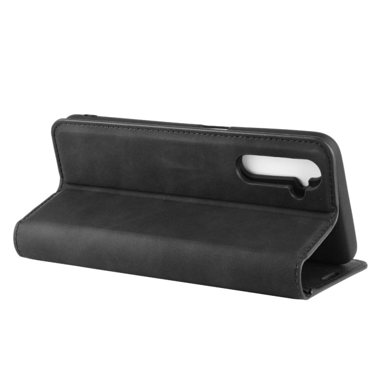 Black leather folio phone case with viewing stand, side profile