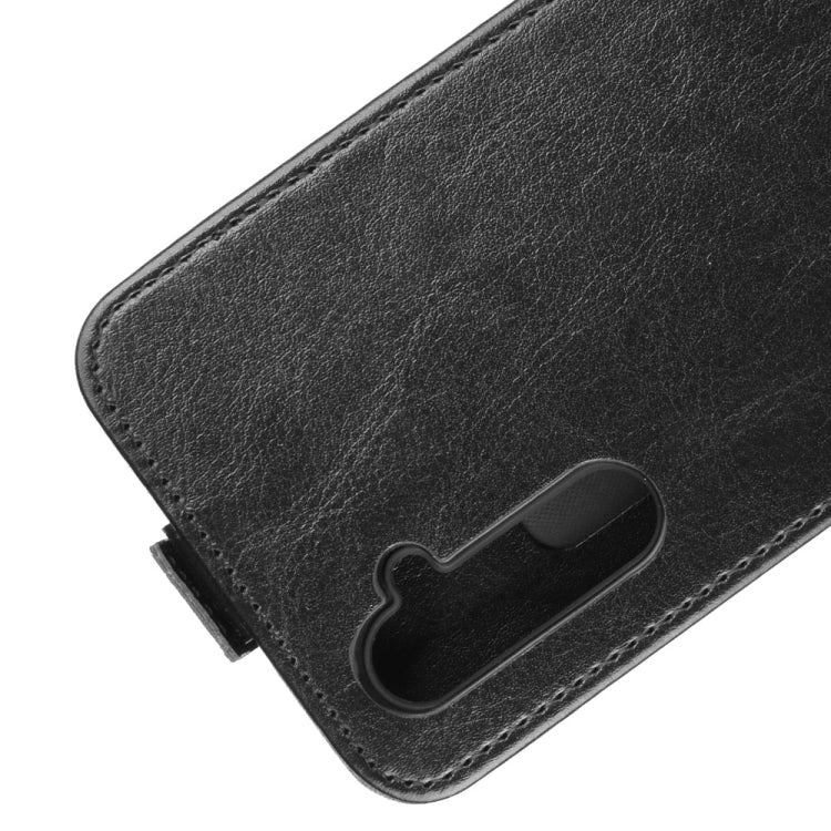 Leather flip phone case with card slot holder, black leather texture close-up