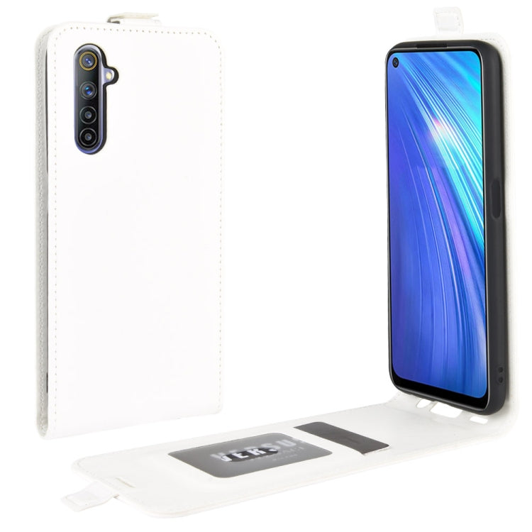 Leather flip phone case with card slots, white, front view with open card pocket