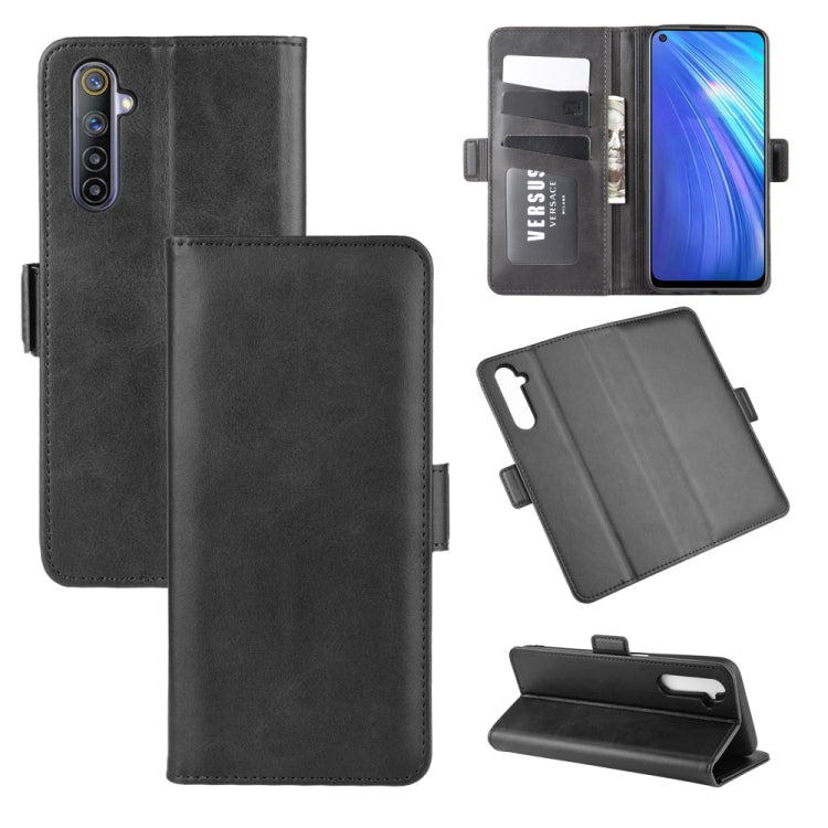 Black leather wallet phone case with magnetic buckle, card slots, and stand holder.