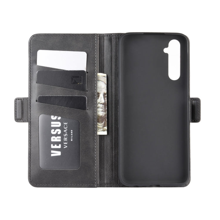 Black leather folio case interior with card slots and magnetic clasp; phone back cover.