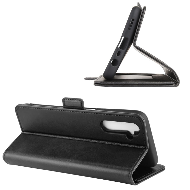 Black leather wallet case with kickstand and magnetic strap; phone back cutout.