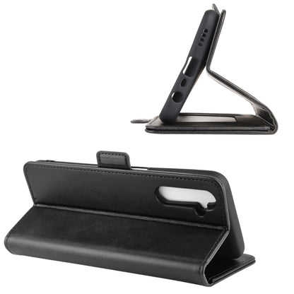 Black leather wallet case with kickstand and magnetic strap; phone back cutout.