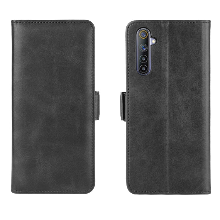 Black leather phone case showing dual-side flip design with camera cutout and stitching.