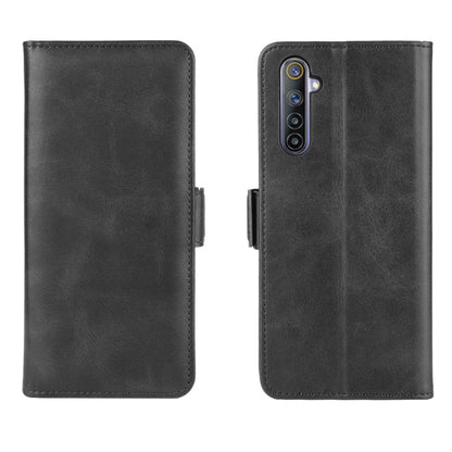 Black leather phone case showing dual-side flip design with camera cutout and stitching.