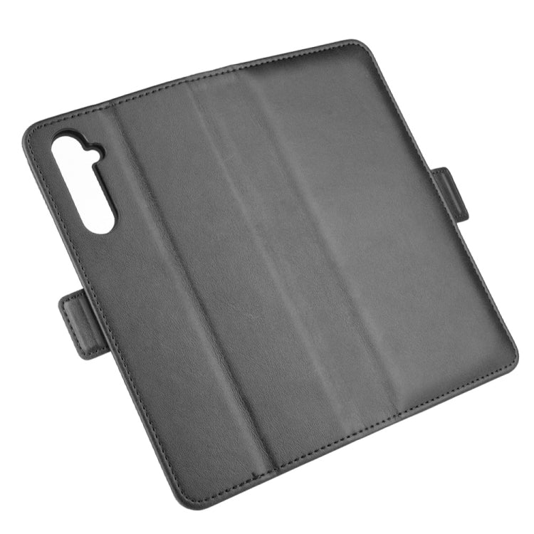 Black leather flip case with camera cutout and smooth folio back panel.