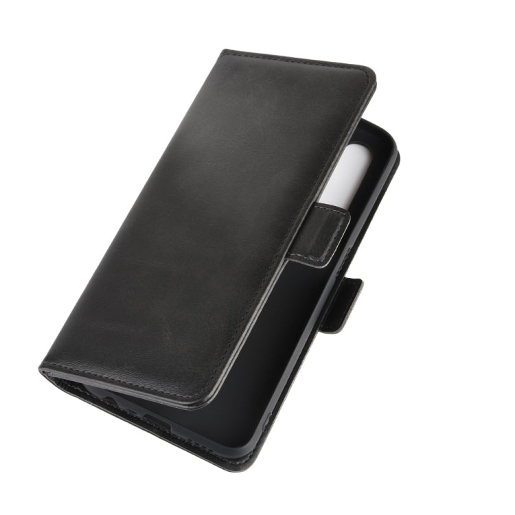 Black leather wallet phone case with flip cover and side magnetic tab.