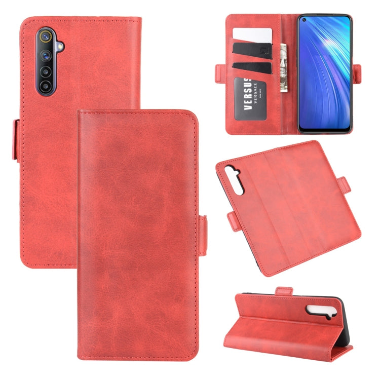 Red leather flip wallet phone case with card slots and kickstand