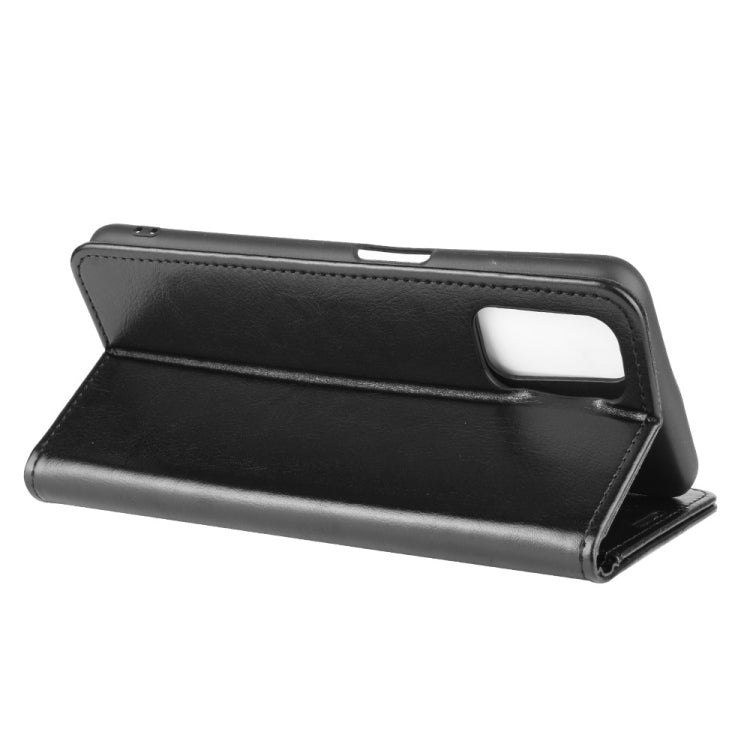 Black flip phone wallet case with top handle cutout and angled stand for viewing