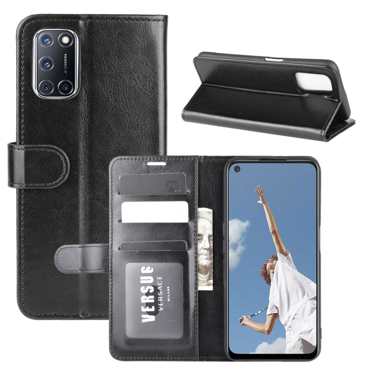 Black flip phone wallet case with card slots, holder window, and stand support