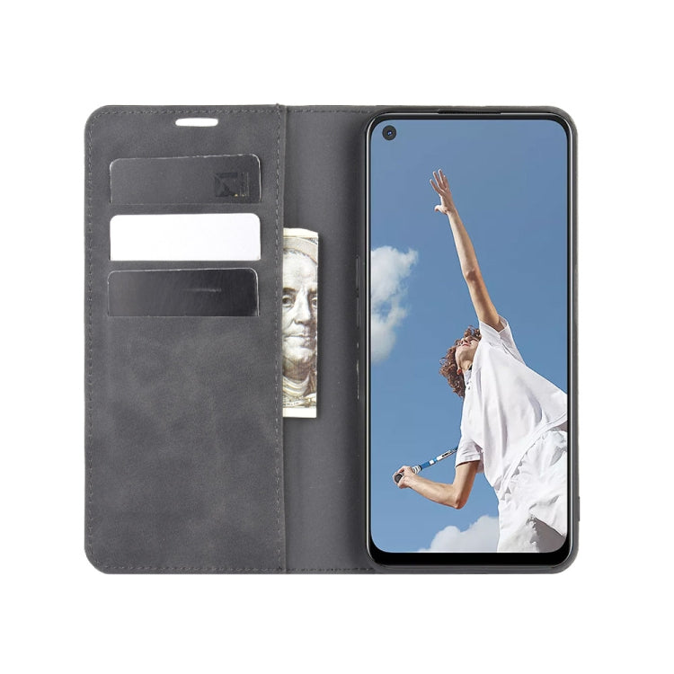 OPPO A72 leather wallet case with card slots; front cover open, showing phone screen