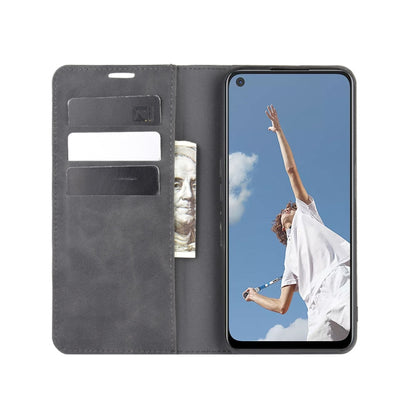 OPPO A72 leather wallet case with card slots; front cover open, showing phone screen
