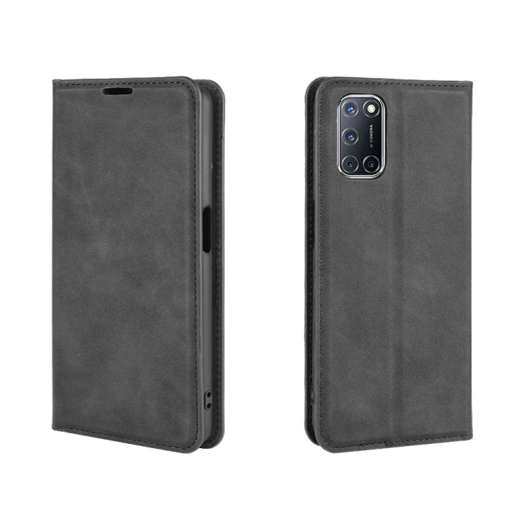 OPPO A72 magnetic leather wallet case, dark gray; back and side view with cutouts
