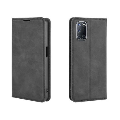OPPO A72 magnetic leather wallet case, dark gray; back and side view with cutouts