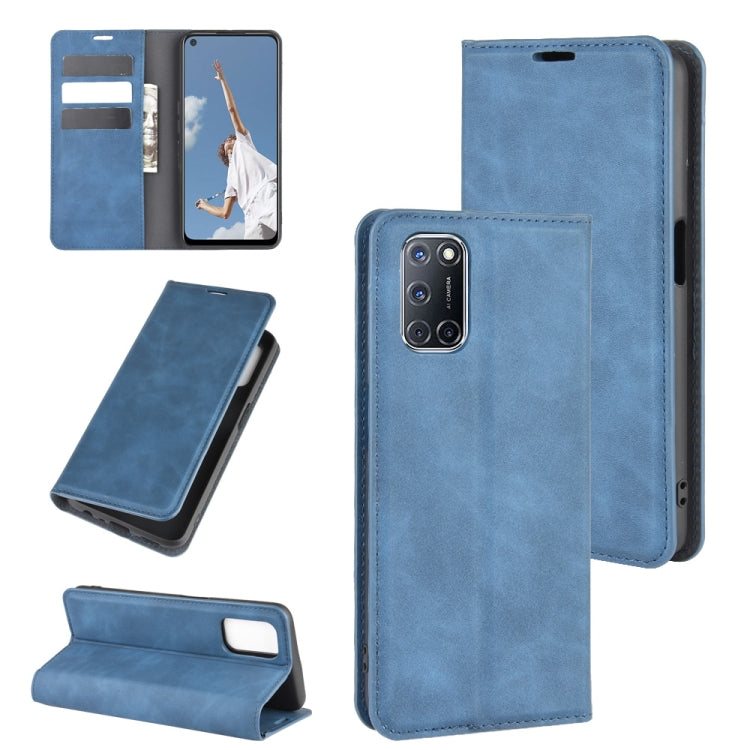 Blue leather phone case wallet with magnetic closure and card slots