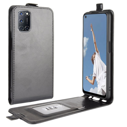 Dark gray leather flip phone case with card slots and a foldout photo frame