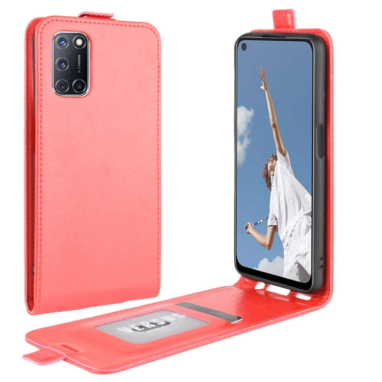 Red leather flip phone case with card slots and foldout photo frame stand