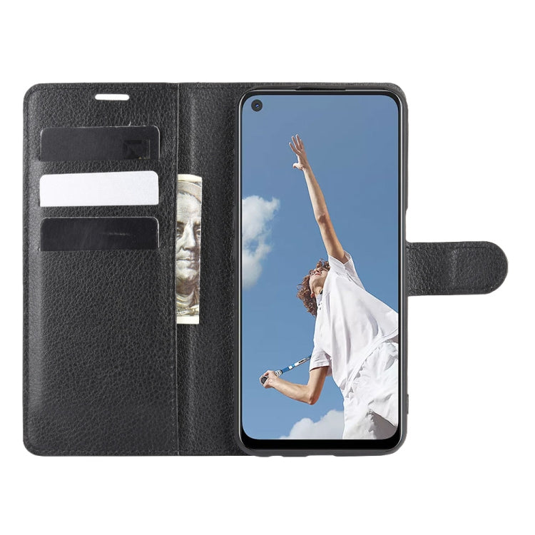 Black flip wallet case holding phone with stand, card slots, for OPPO A72