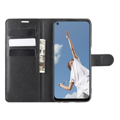 Black flip wallet case holding phone with stand, card slots, for OPPO A72