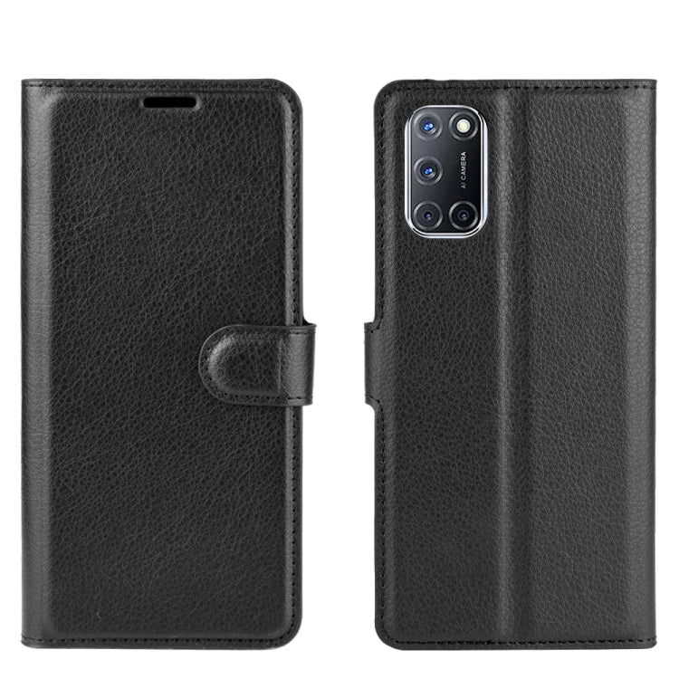 Black litchi-texture wallet case, front and back views, for OPPO A72