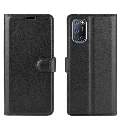 Black litchi-texture wallet case, front and back views, for OPPO A72