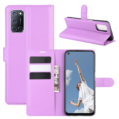 Purple litchi-textured flip wallet case with card slots and stand for OPPO A72