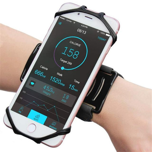 Rotating black phone armband with adjustable strap and secure screen holder