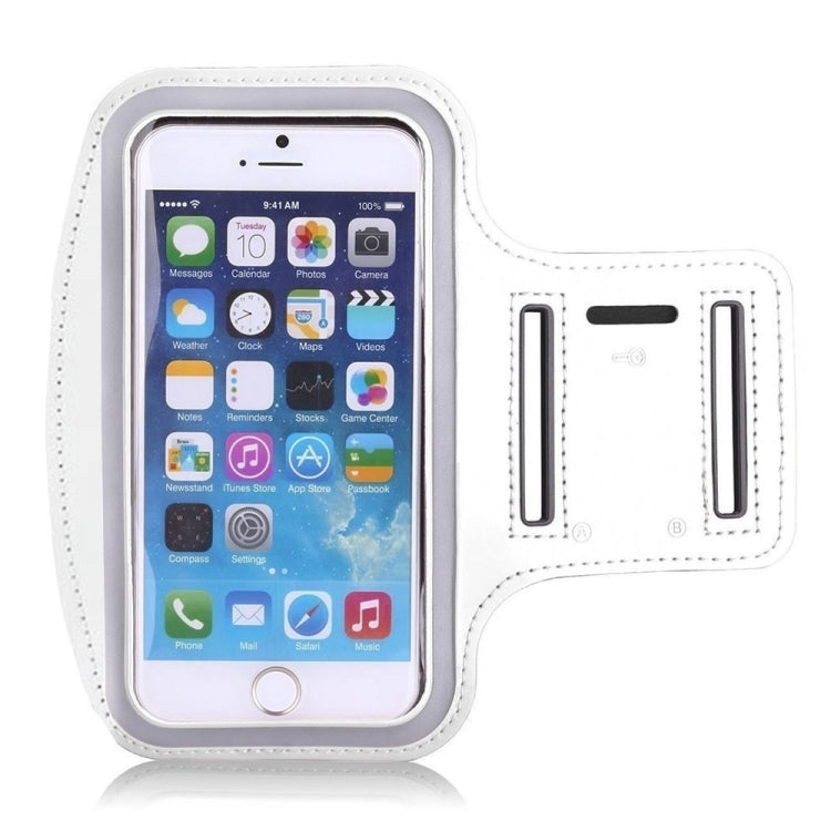 White sports armband phone bag with clear touchscreen window and padded strap